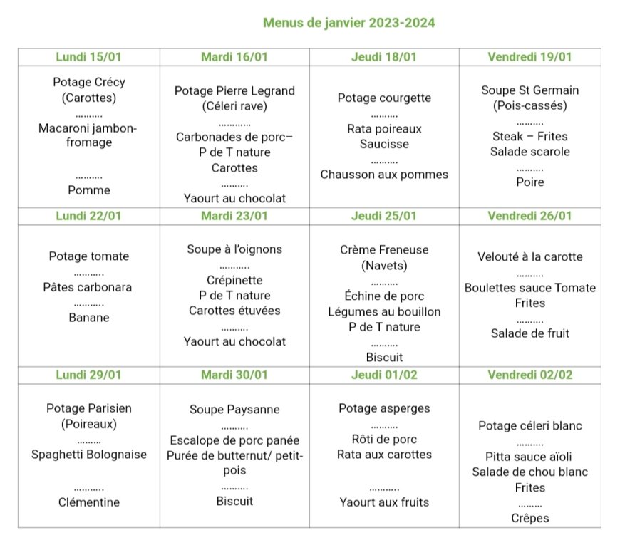 LE MENU DE LA SEMAINE