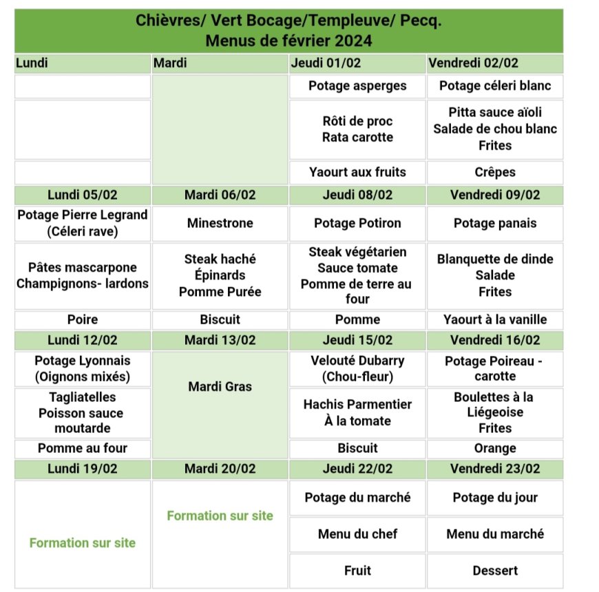 Le menu du mois de février