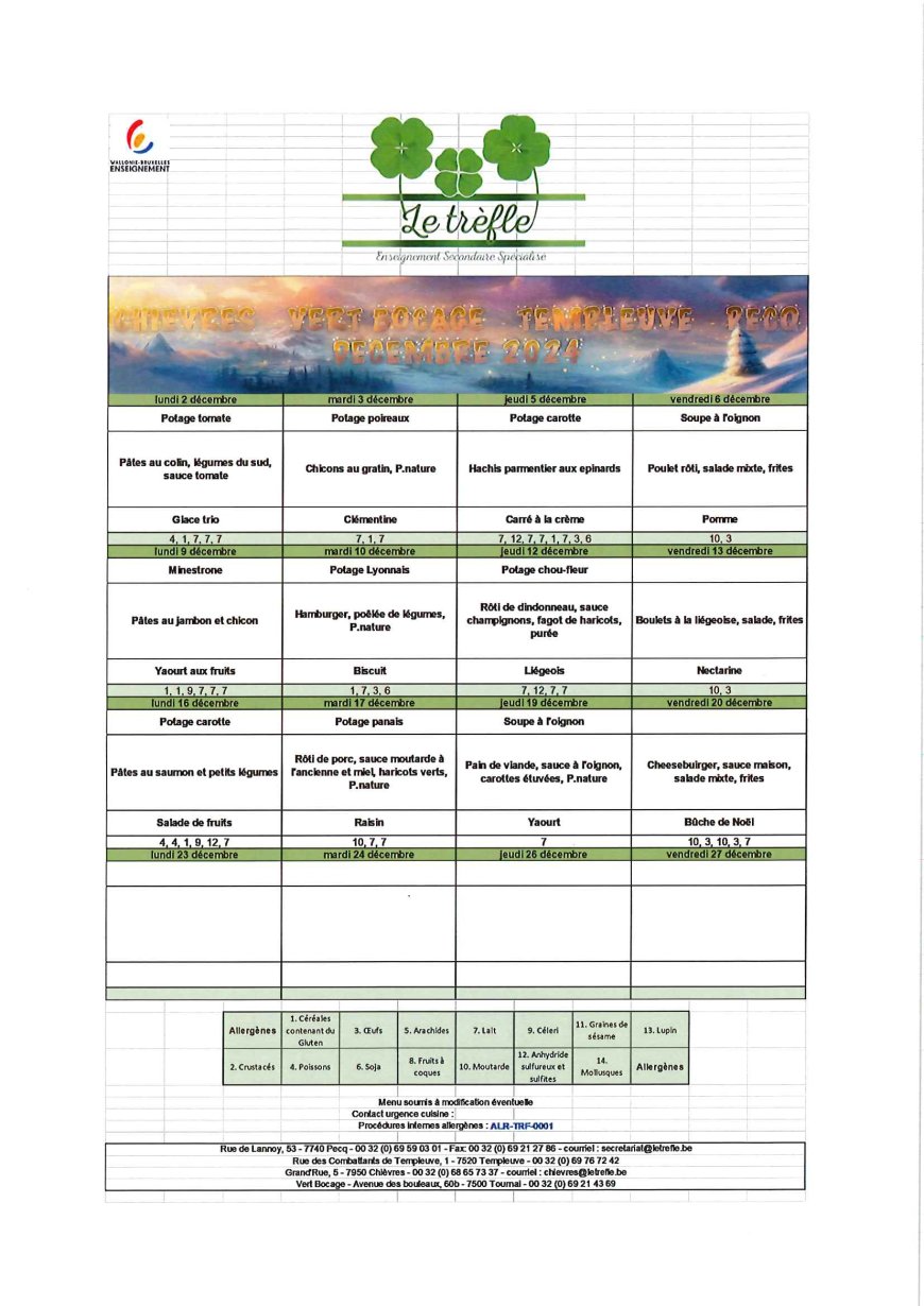 Menu du mois de décembre